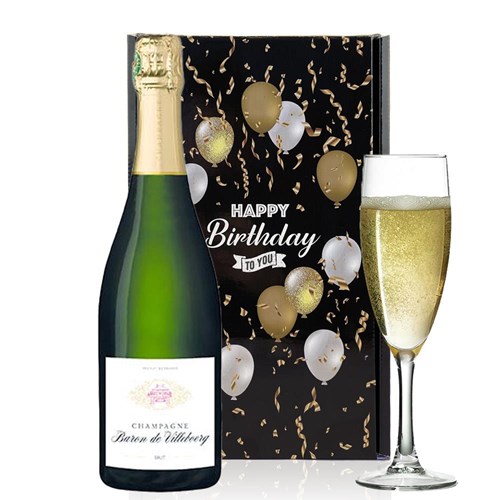 Baron De Villeboerg Brut Champagne 75cl And Flute Happy Birthday Gift Box